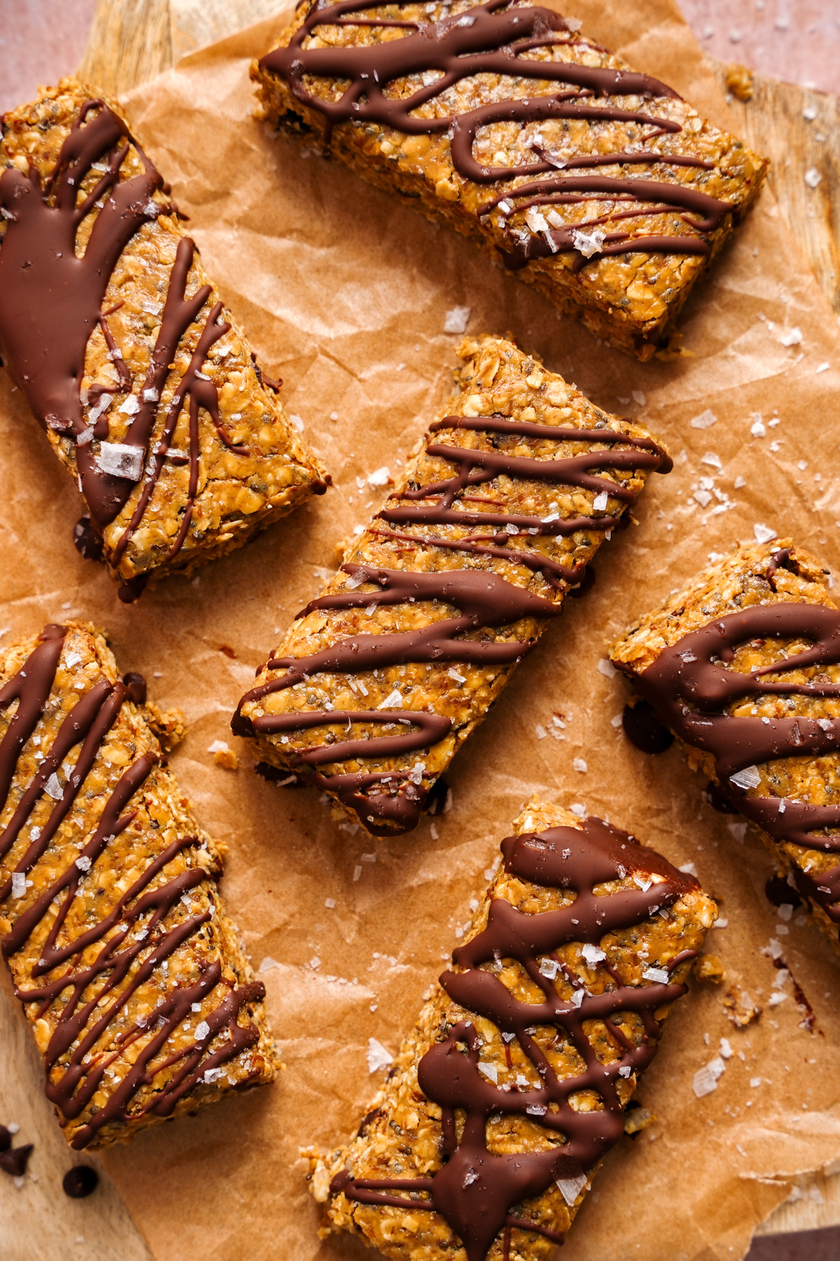 looking down at the homemade protein bars with the chocolate drizzle