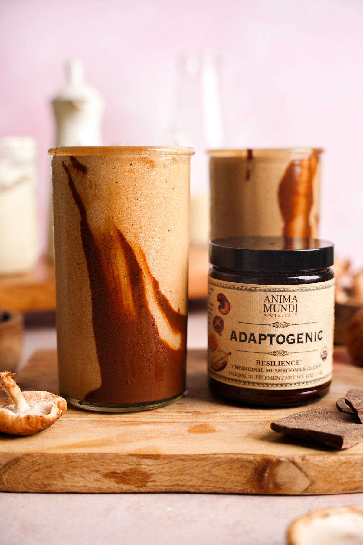 the vegan mushroom smoothie next to the anima mundi adaptogenic powder