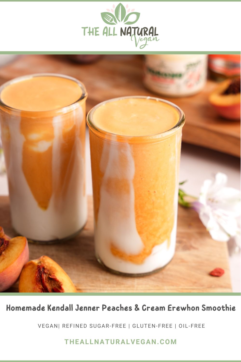 Homemade Kendall Jenner peaches and cream Erewhon smoothie made with coconut yogurt and peach puree, layered in clear glasses with a creamy swirl. Vegan, gluten-free, refined sugar-free, and oil-free recipe featured by The All Natural Vegan.