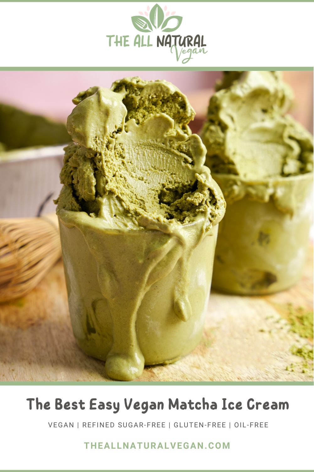 The Best Easy Vegan Matcha Ice Cream in frosted glass cups, overflowing with creamy green tea flavor, styled on a rustic wooden board with a bamboo whisk and matcha powder in the background.