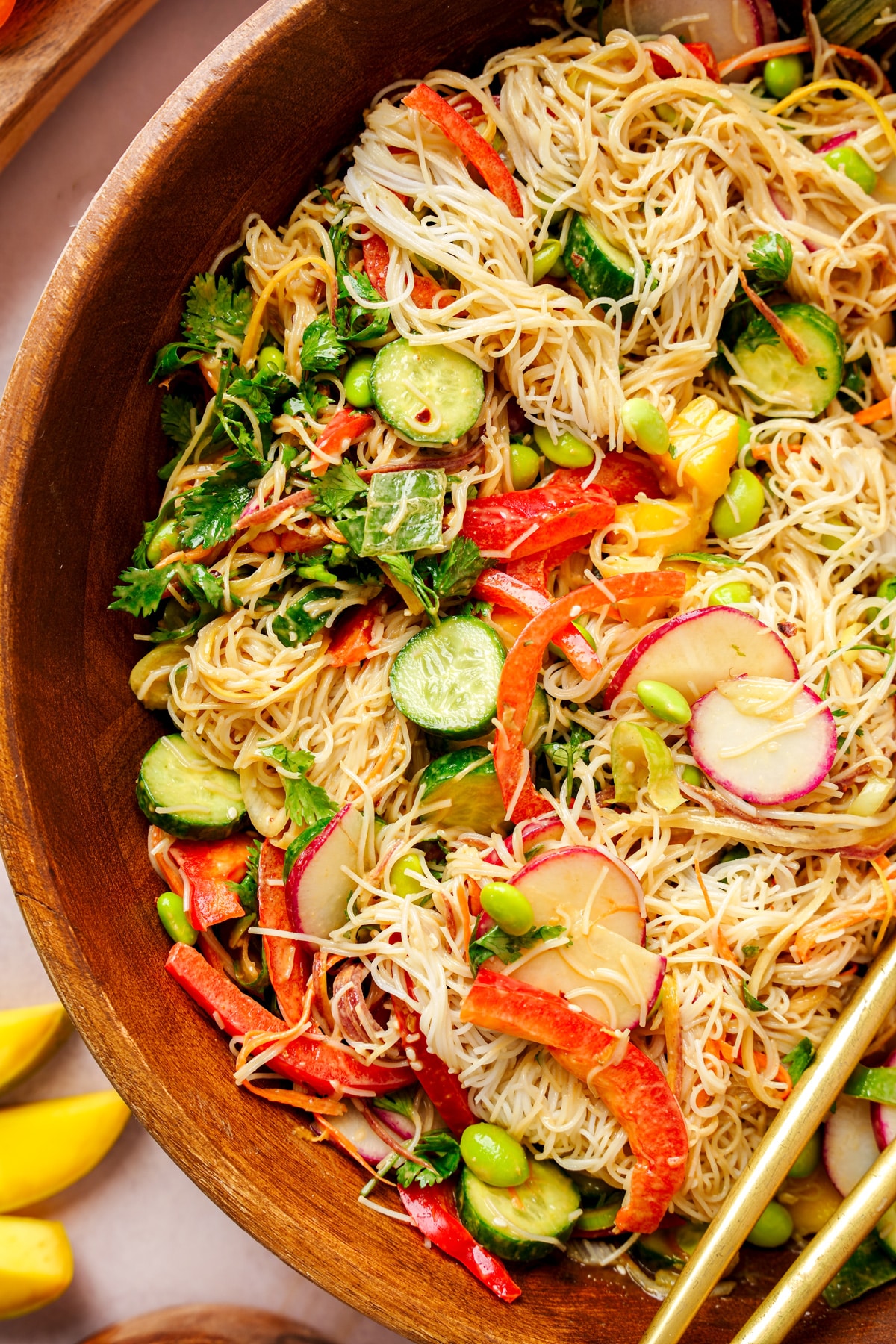 A colorful spring roll-inspired noodle salad featuring thin rice noodles, cucumbers, radishes, red bell peppers, edamame, cilantro, and shredded carrots in a large wooden bowl. Bright, fresh, and crisp ingredients give it a vibrant and zesty look, with golden chopsticks tucked in.